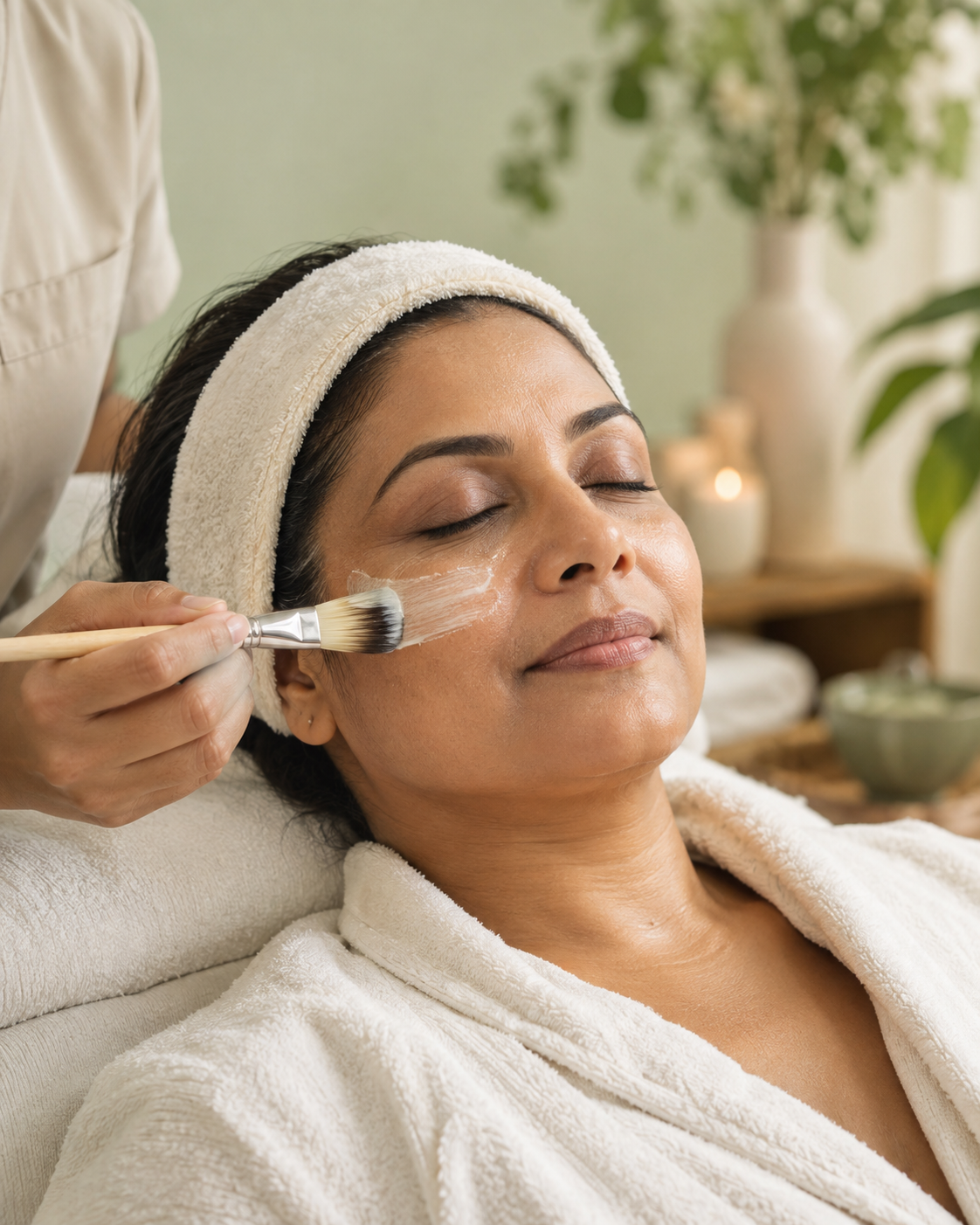 Facial பராமரிப்பை நிதானமாக அனுபவிக்கும் ஒரு பெண்ணின் விளக்கப் படம்
